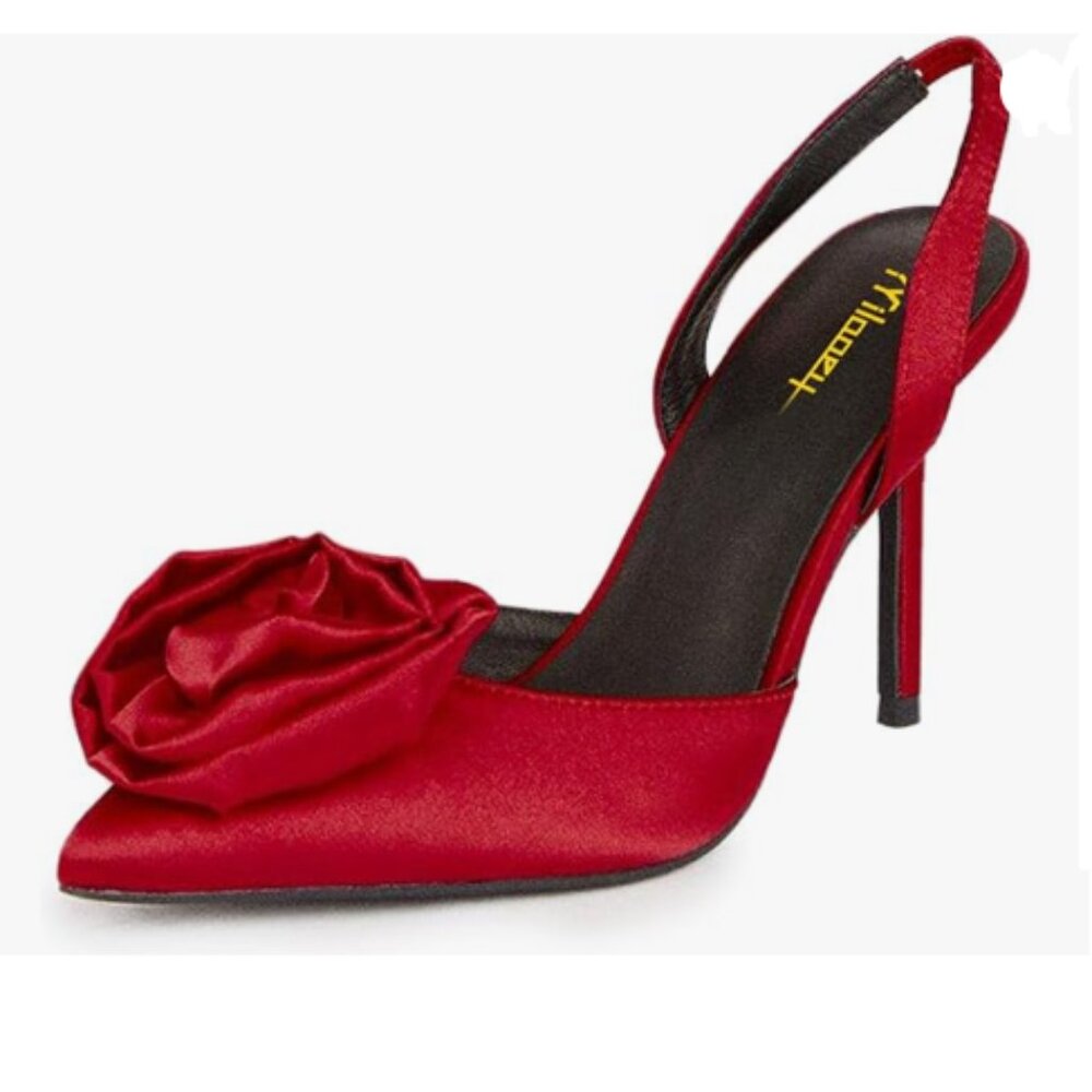 Milooey shoes Red Slingback High Heels Rose Flower Pumps Pointed Toe Prom Shoes